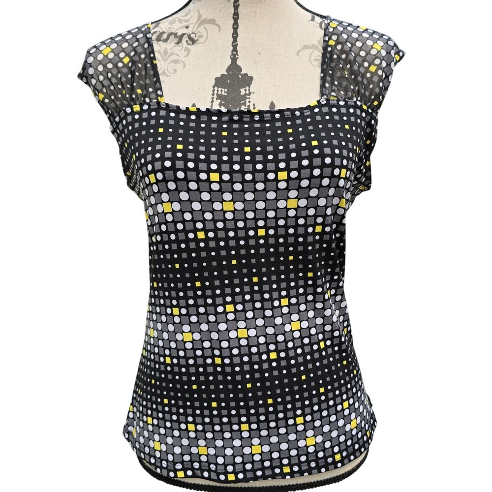 Y2k Olivia Paige Yellow Black Polka Dot Top Square Neckline Size PL